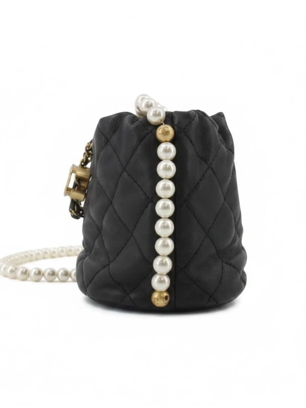 CHANEL Pearl Drawstring Bucket Bag in Black Quilted Lambskin with Pearl Strap